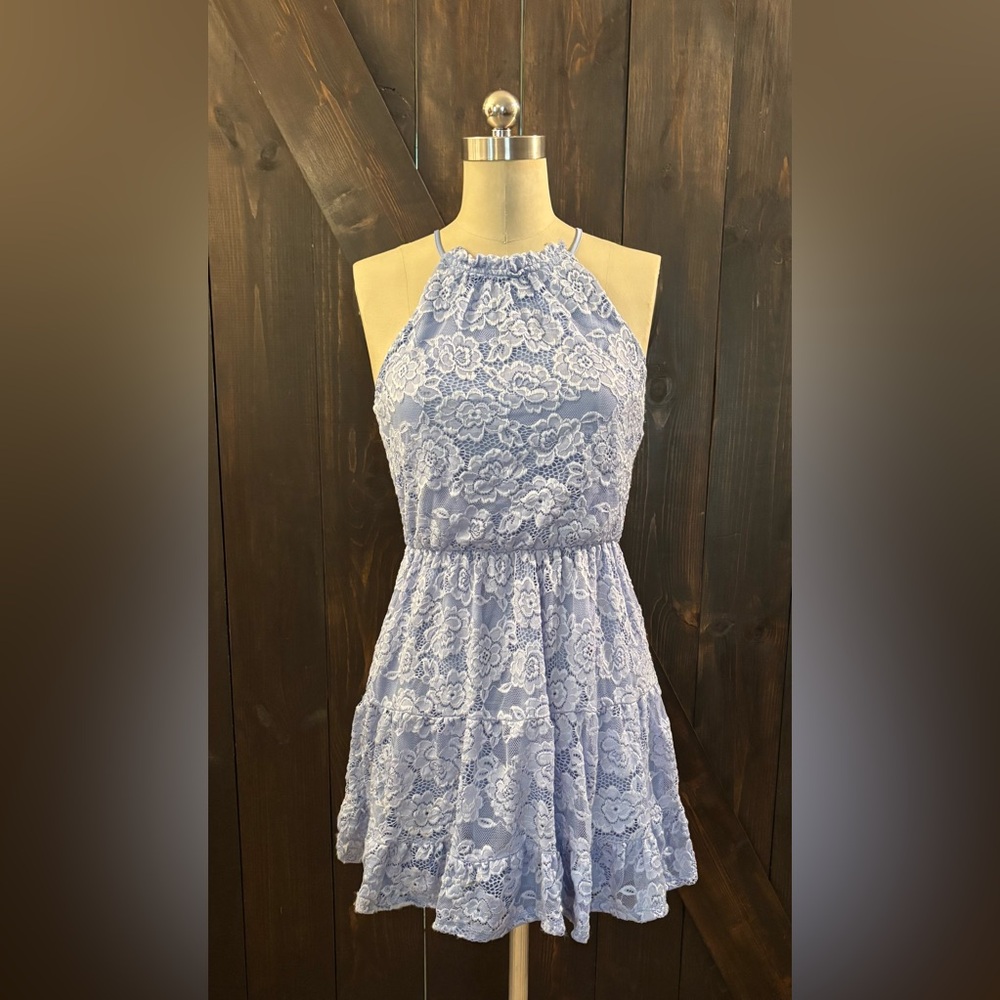 Elegant Blue Lace Halter Dress